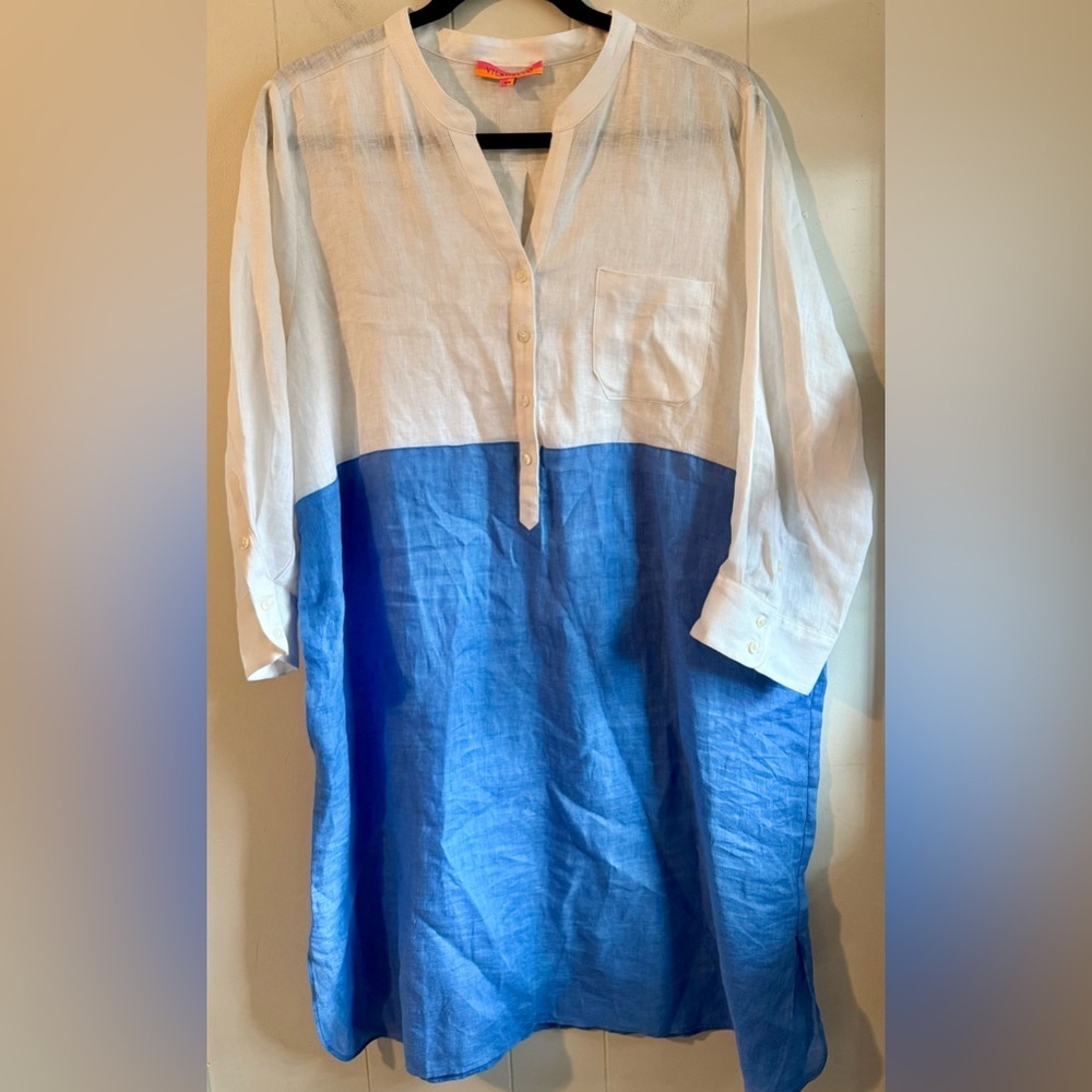 VILAGALO NWOT White Blue Colorblock Linen Dress, Size 48